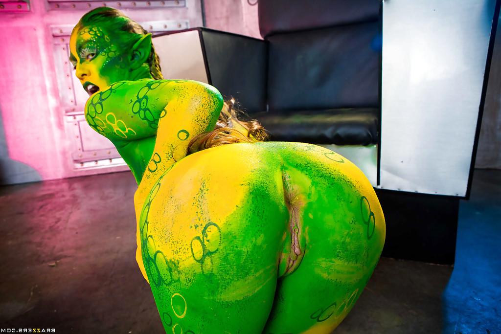16P Kinky cosplay chick Tiffany Doll posing in body paint uniform and spreading