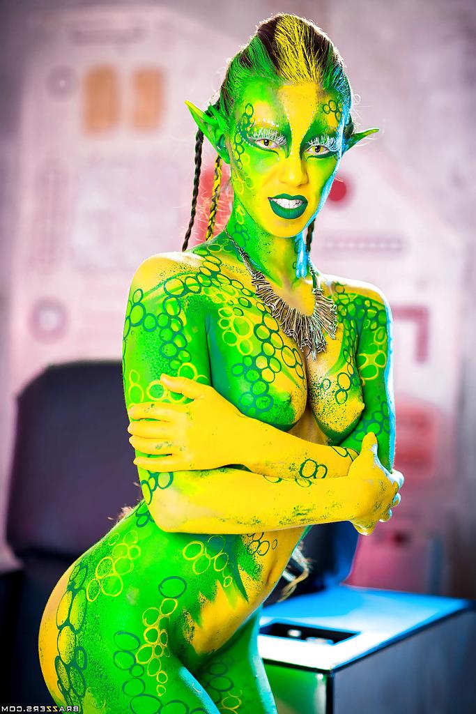 16P Kinky cosplay chick Tiffany Doll posing in body paint uniform and spreading