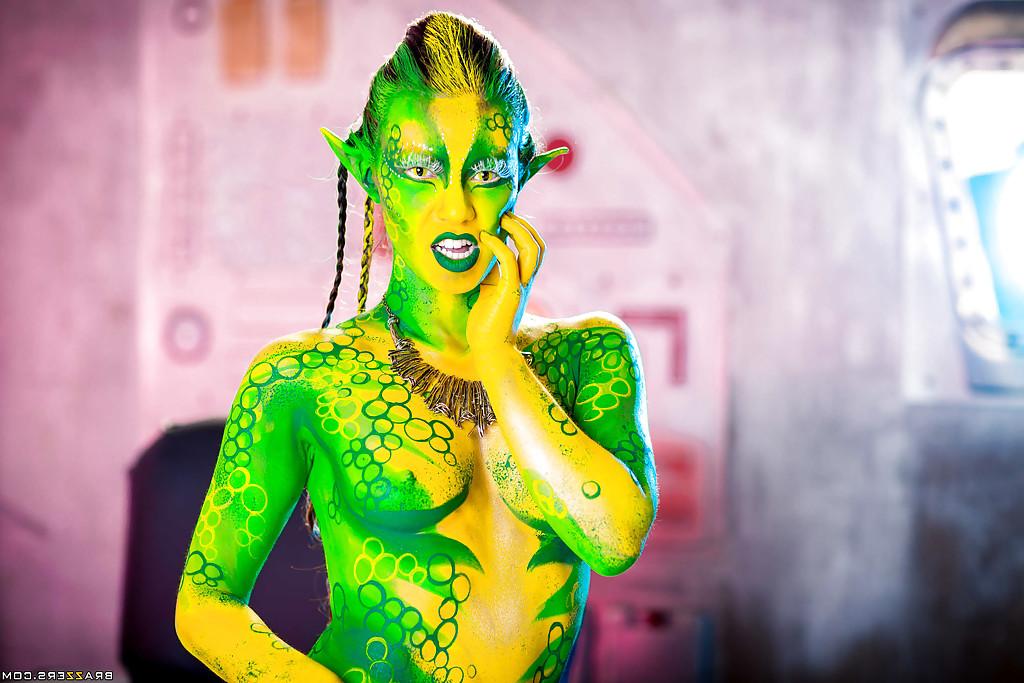 16P Kinky cosplay chick Tiffany Doll posing in body paint uniform and spreading