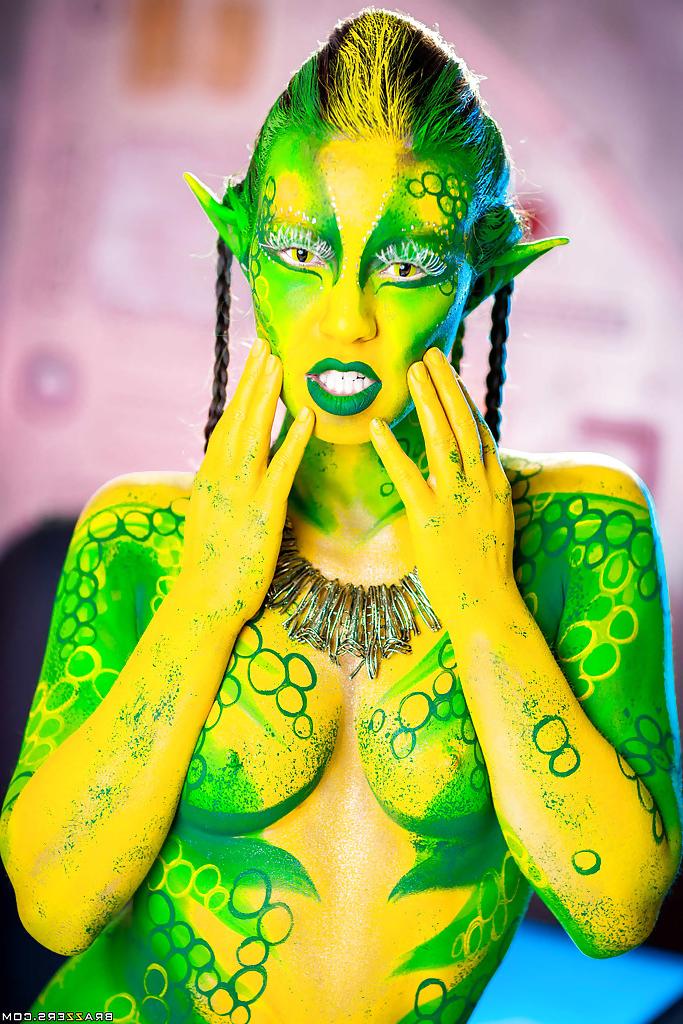 16P Kinky cosplay chick Tiffany Doll posing in body paint uniform and spreading