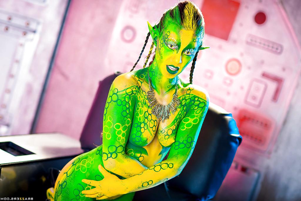 16P Kinky cosplay chick Tiffany Doll posing in body paint uniform and spreading
