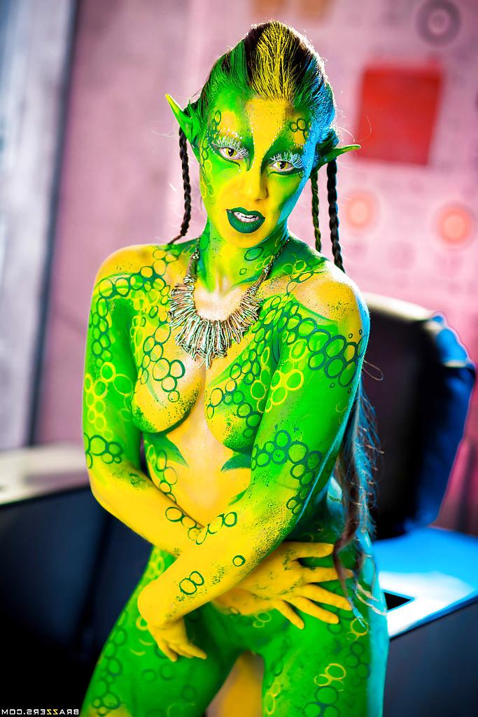 16P Kinky cosplay chick Tiffany Doll posing in body paint uniform and spreading