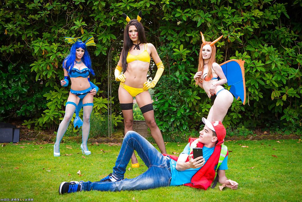 16P European pornstars in cosplay costumes give massive dick oral sex outdoors