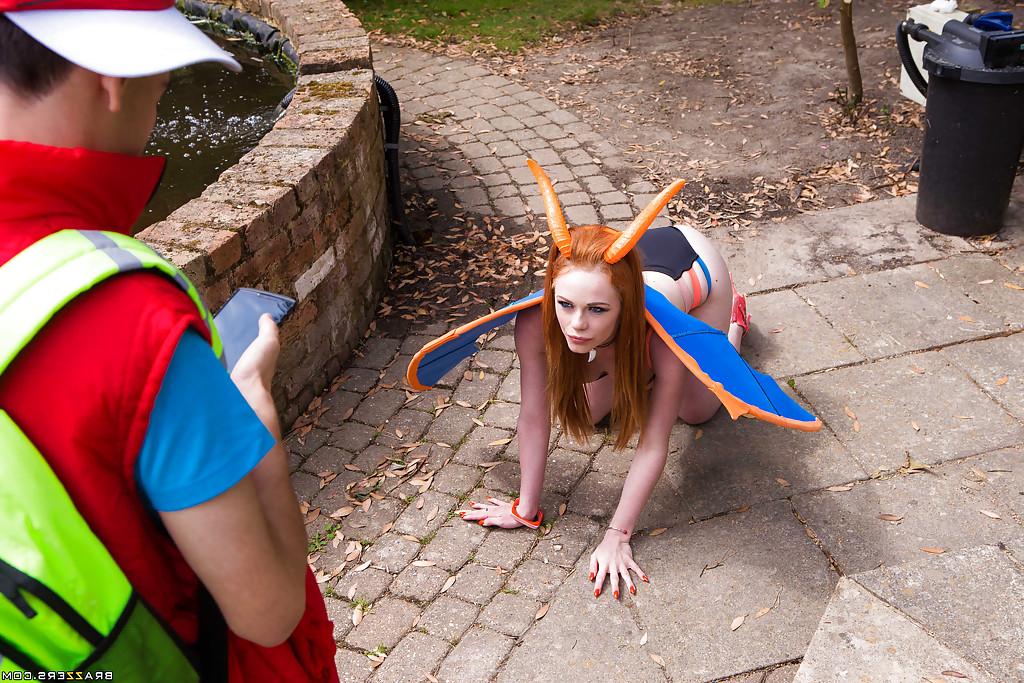 16P European pornstars in cosplay costumes give massive dick oral sex outdoors