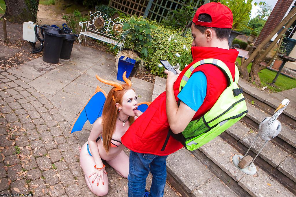 16P European pornstars in cosplay costumes give massive dick oral sex outdoors