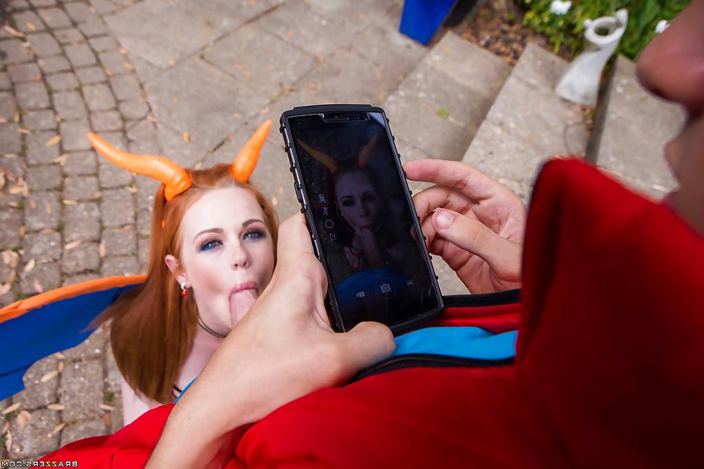 16P European pornstars in cosplay costumes give massive dick oral sex outdoors