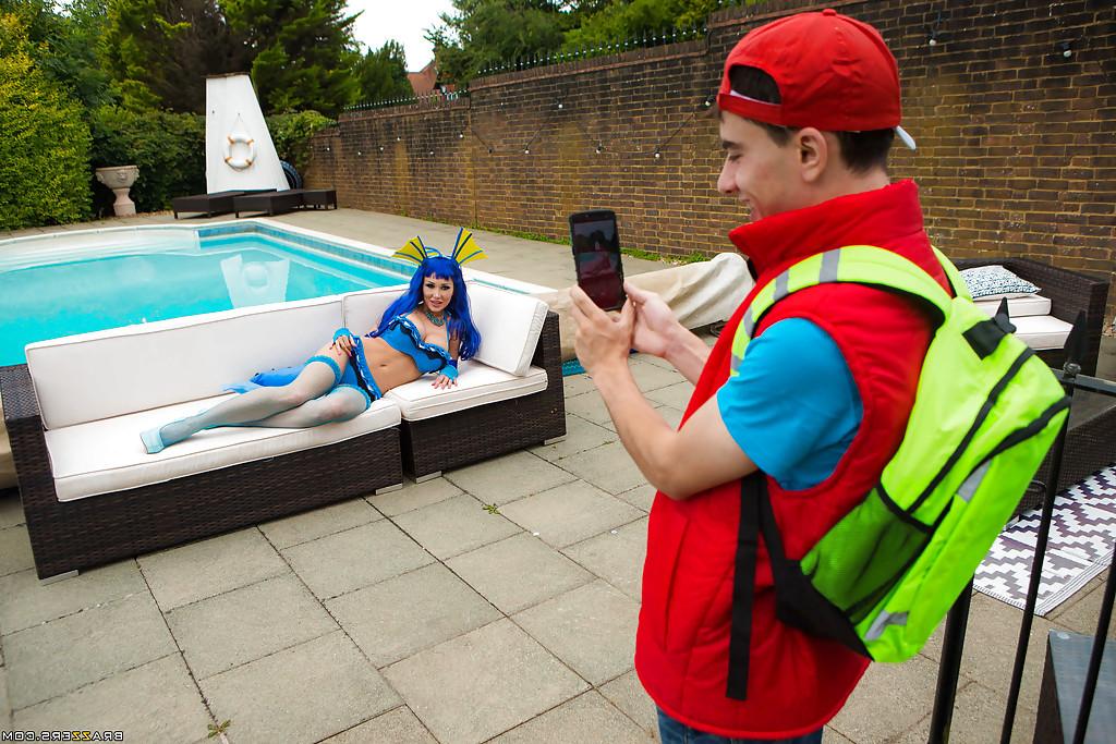 16P European pornstars in cosplay costumes give massive dick oral sex outdoors