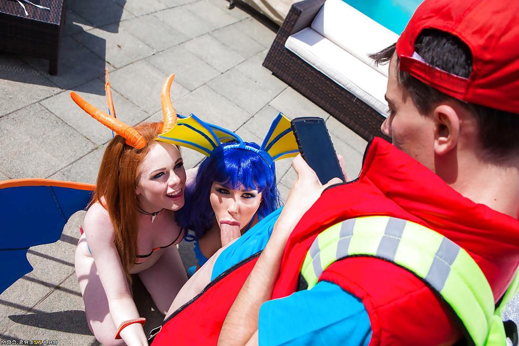 16P European pornstars in cosplay costumes give massive dick oral sex outdoors