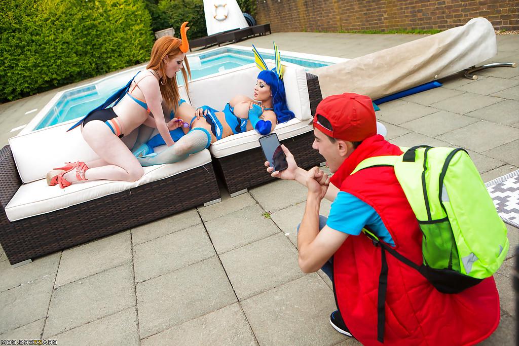 16P Cosplay attired pornstars suck and fuck massive cock outdoors by pool