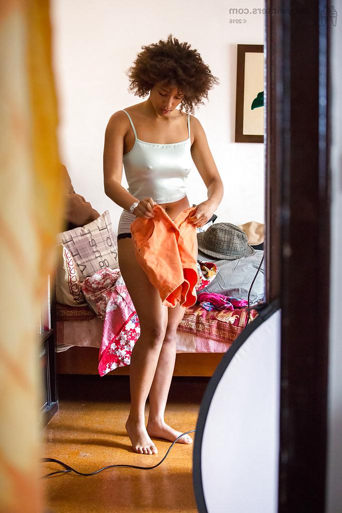 16P Ebony amateur Whitney captured on hidden camera dressing her naked body