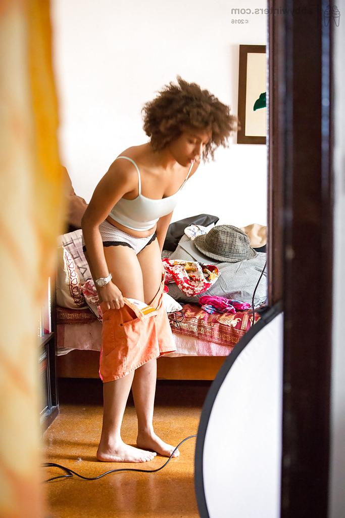 16P Ebony amateur Whitney captured on hidden camera dressing her naked body