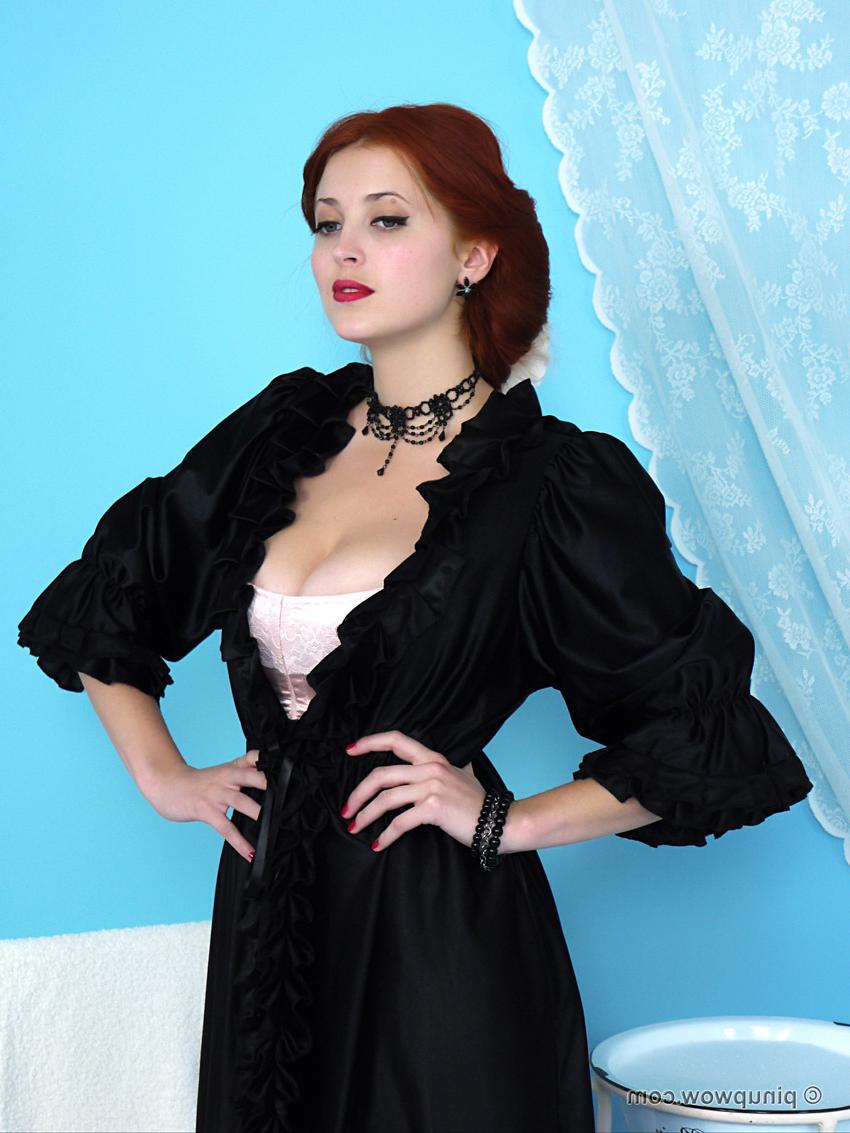 17P Long legged vintage pinup girl showing hot tits wearing stockings & corset