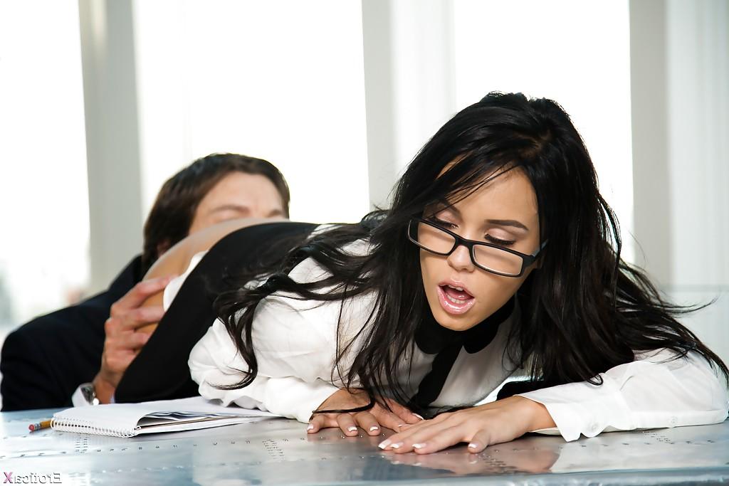16P Glasses adorned brunette pornstar Megan Rain taking hardcore sex in office