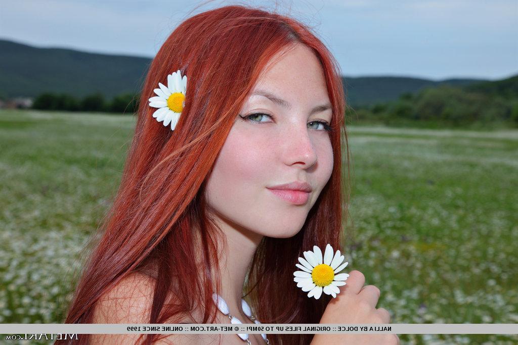 18P Pale redhead Nalli A showing off teeny tits & very hairy beaver in a field