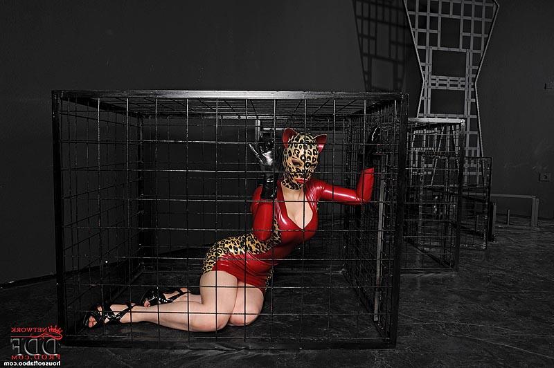 11P Caged fetish model Latex Lucy licking ass and giving interracial blowjob