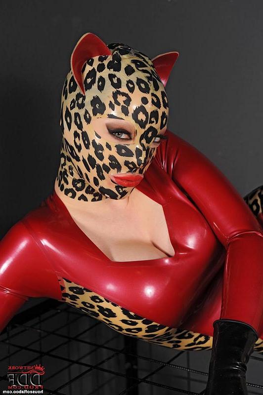 11P Caged fetish model Latex Lucy licking ass and giving interracial blowjob