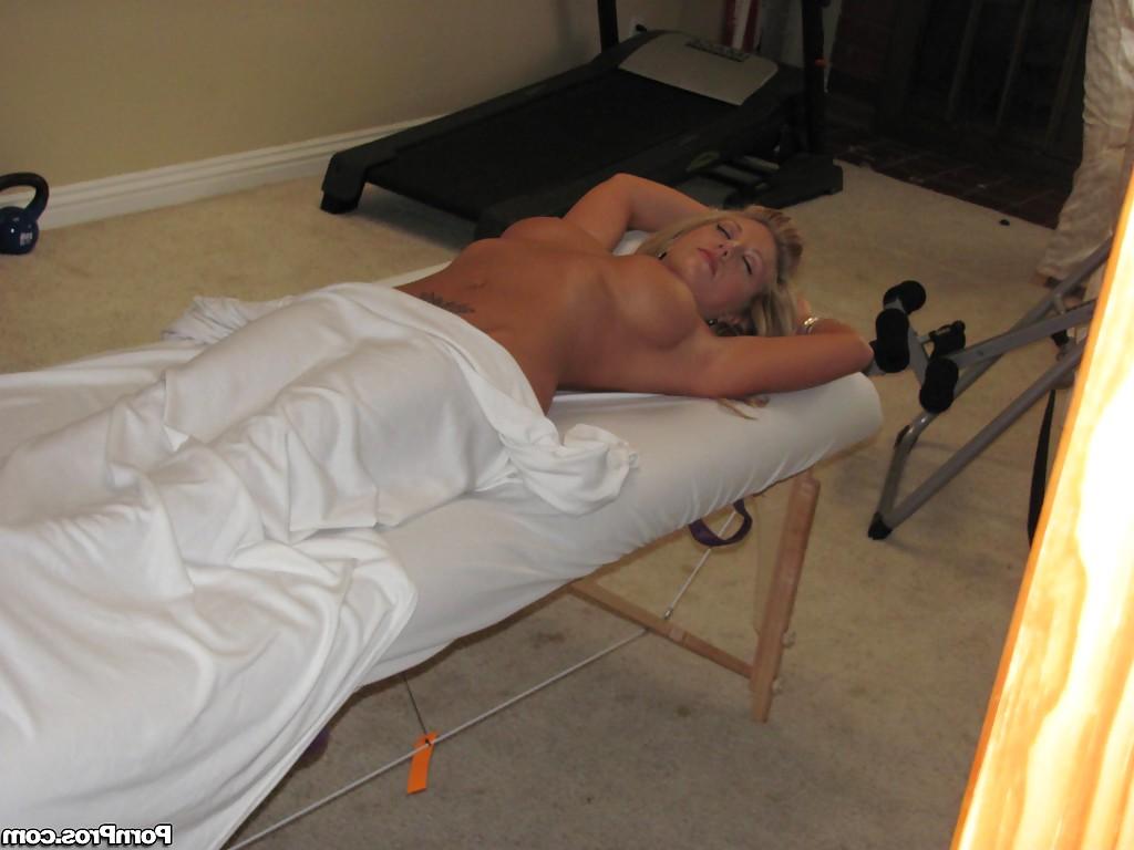 16P Blond mom Heather Summers shows off nice tits after disrobing on massage table