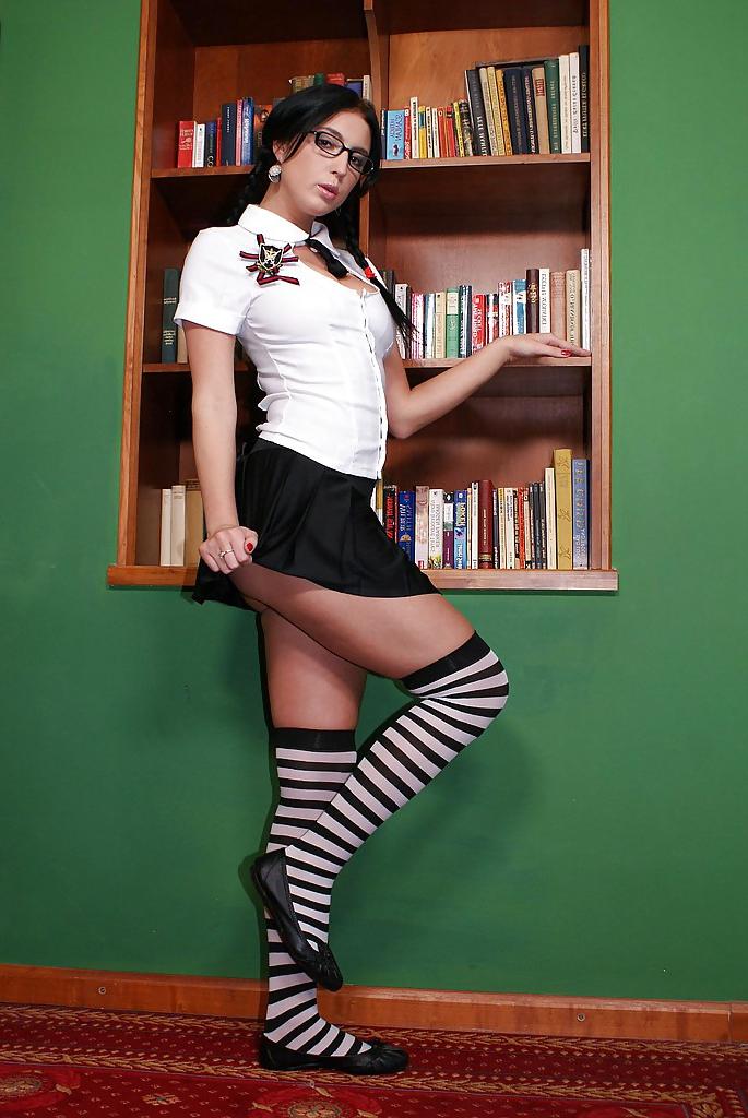 16P Desirable coed in sexy suit and glasses flashing her bosoms and honey pot