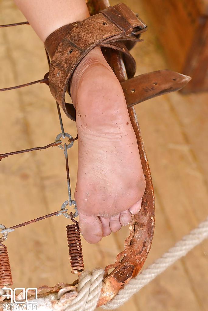 16P Bound BDSM brunette hottie with sexy feet and slippy body pissing