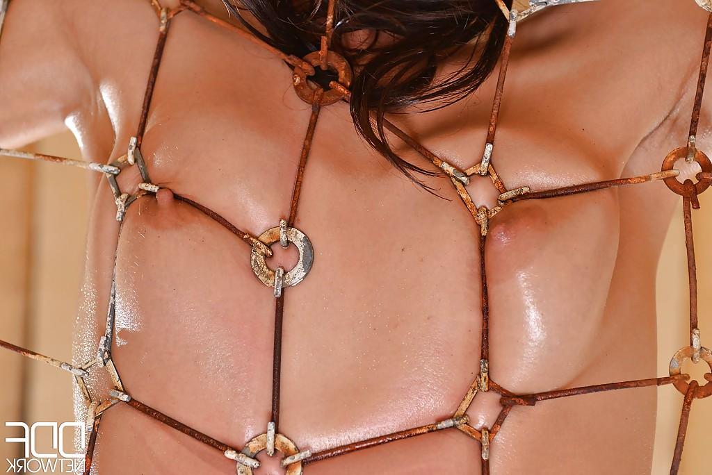 16P Bound BDSM brunette hottie with sexy feet and slippy body pissing