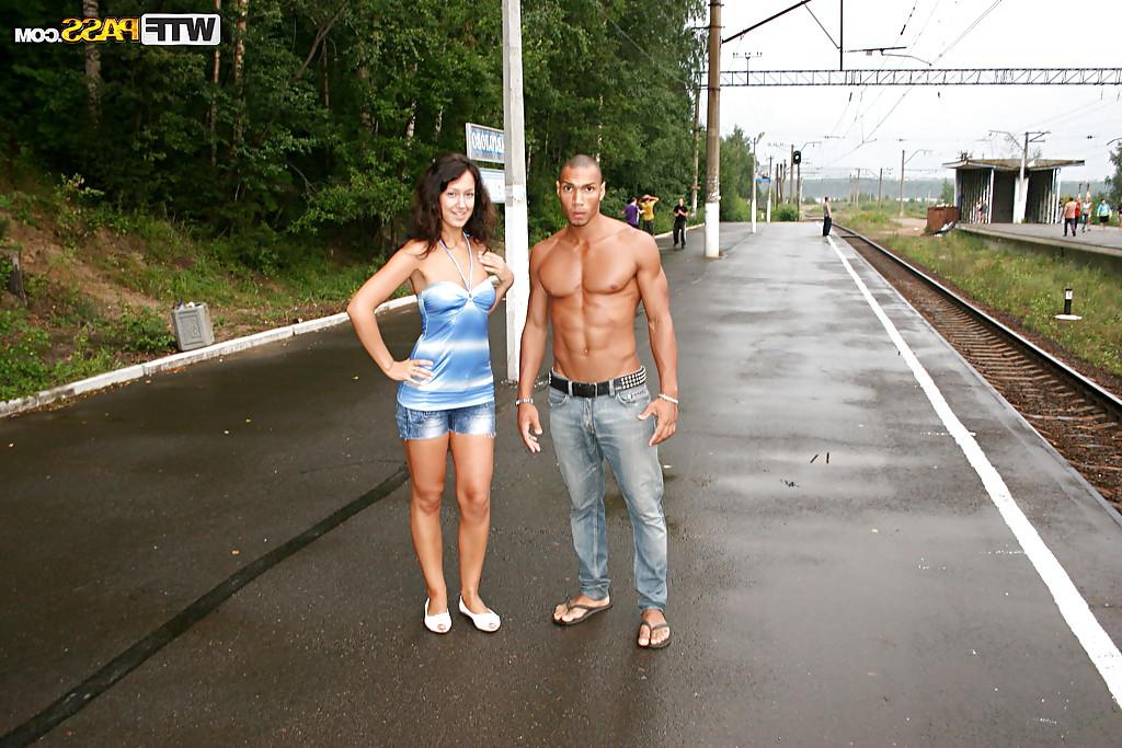 16P Seductive brunette with petite ass gives a blowjob and gets fucked outdoor