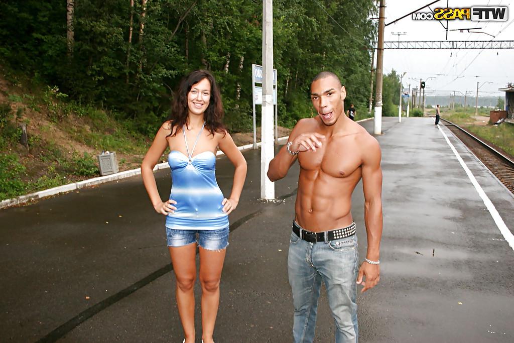 16P Seductive brunette with petite ass gives a blowjob and gets fucked outdoor
