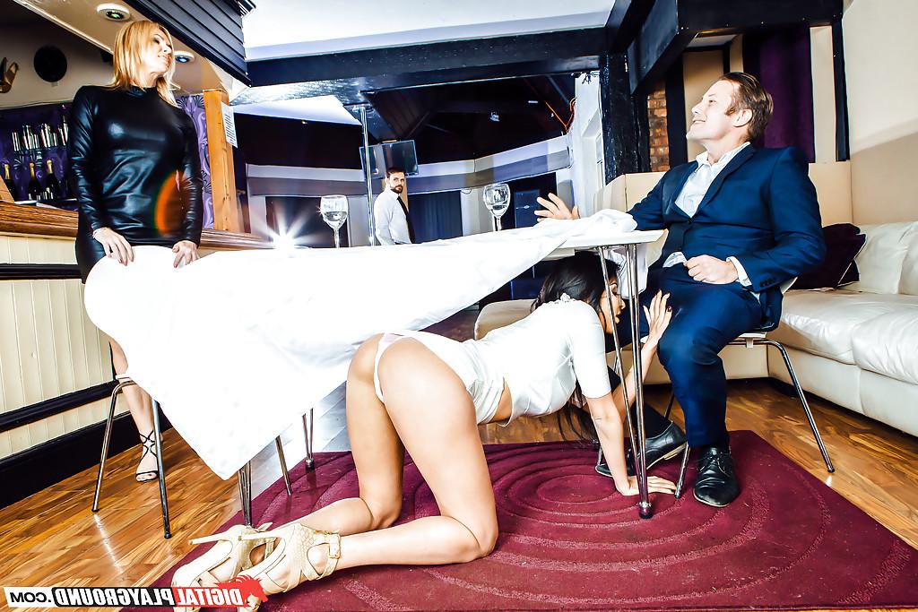 16P Horny brunette wife Anissa Kate giving oral sex under table in public
