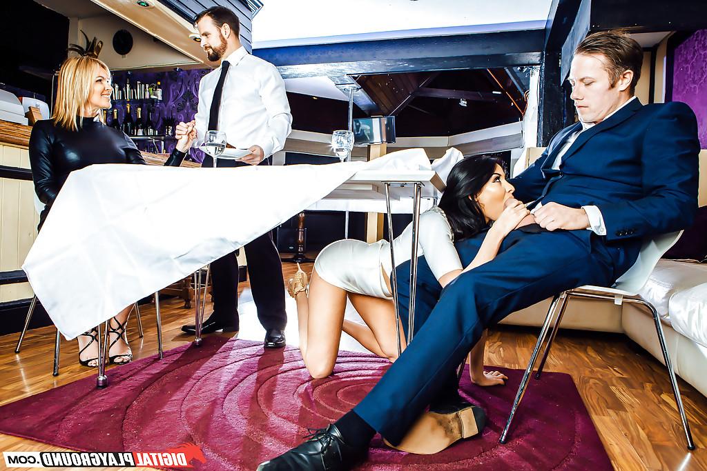 16P Horny brunette wife Anissa Kate giving oral sex under table in public
