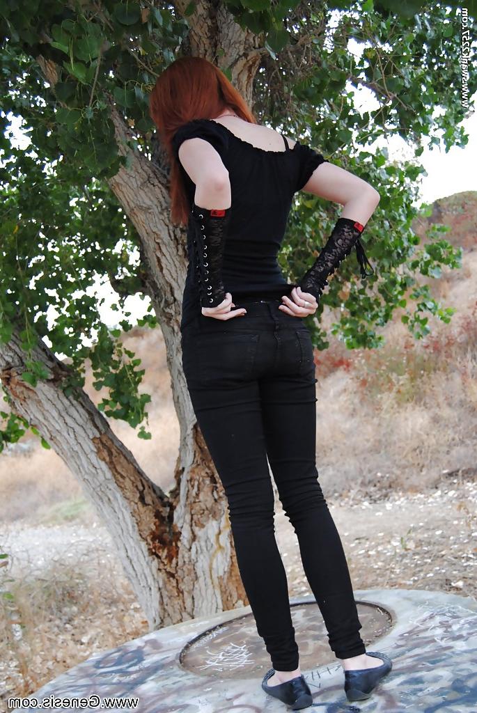 16P Redhead punk chick Nicci Vice showing off natural tits in forest