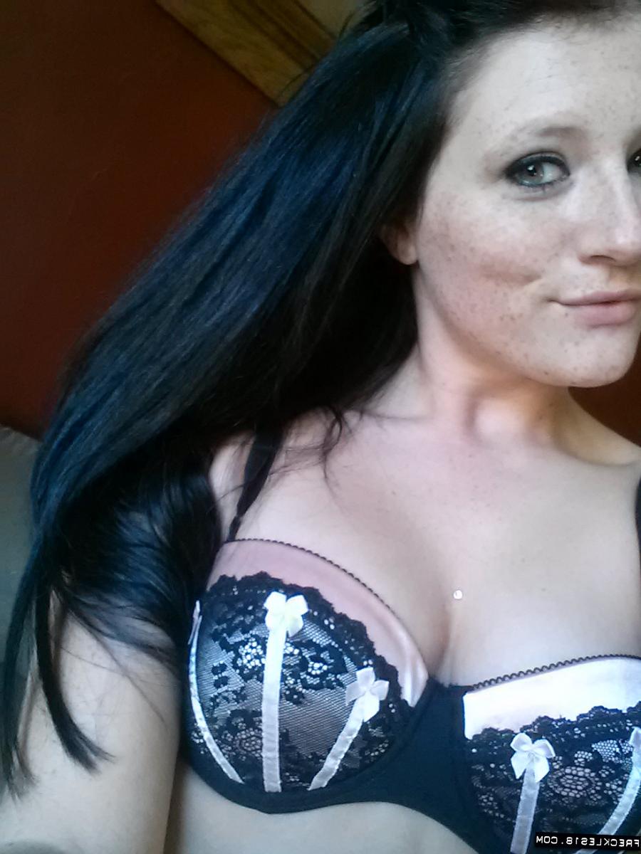 12P Cute model Freckles takes self shot of hot ass in sheer panties & stockings