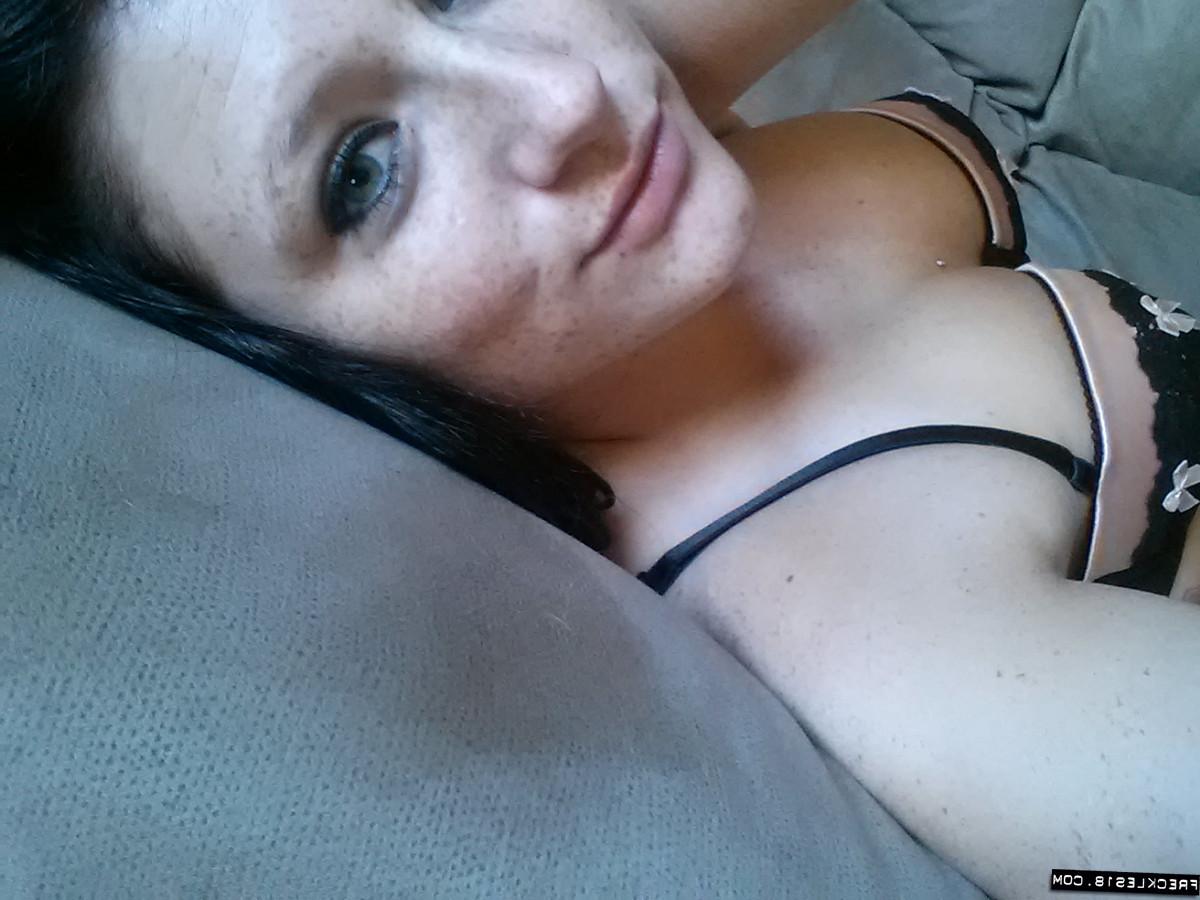 12P Cute model Freckles takes self shot of hot ass in sheer panties & stockings