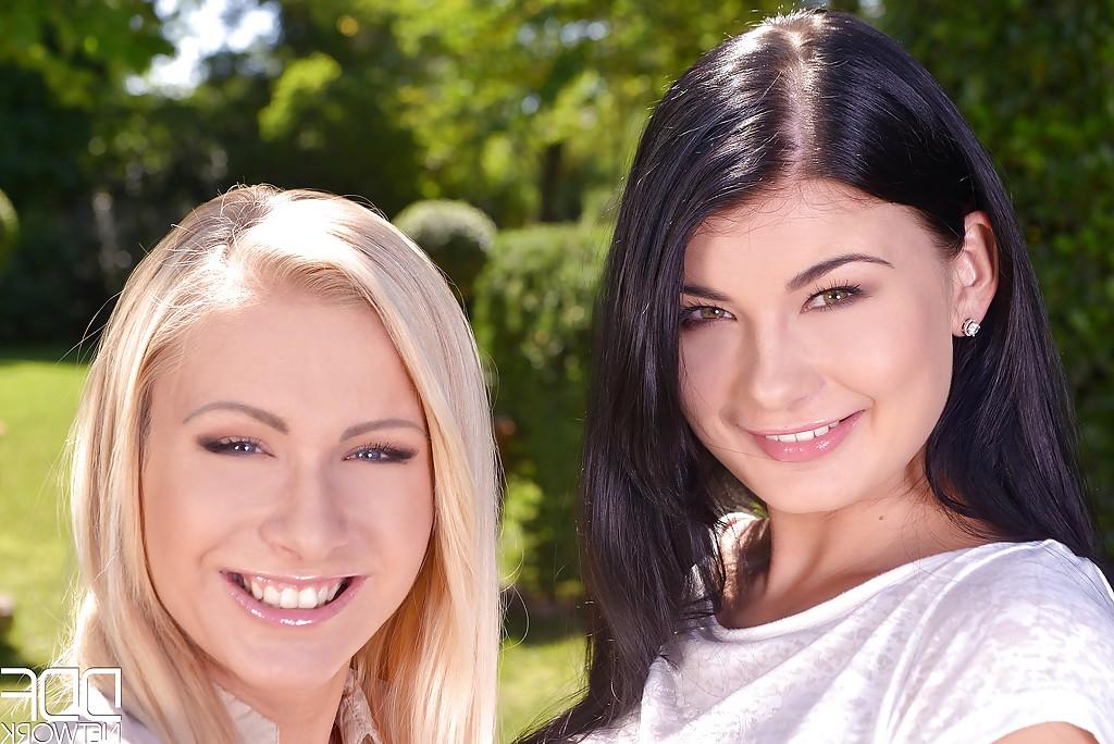 16P Buxom Euro beauties Lucy Li and Vanessa Staylon having lesbians sex outside