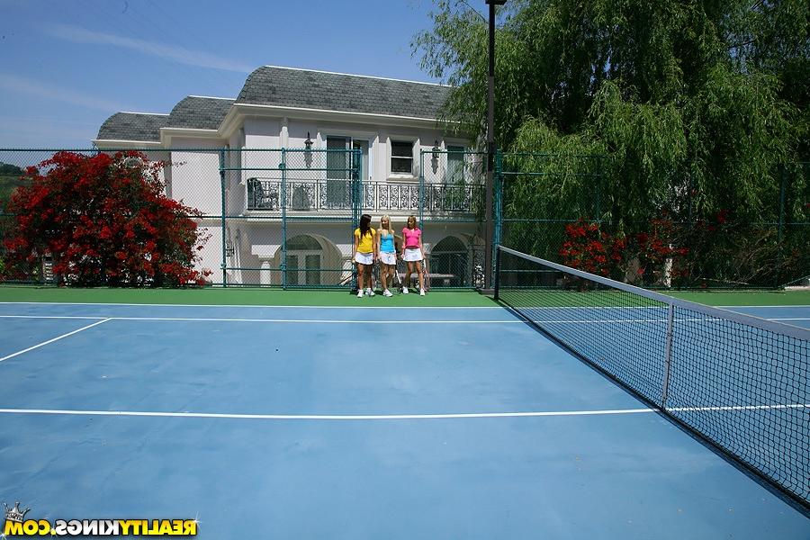 16P Sexy lesbian girls stripping and kissing on the tennis court