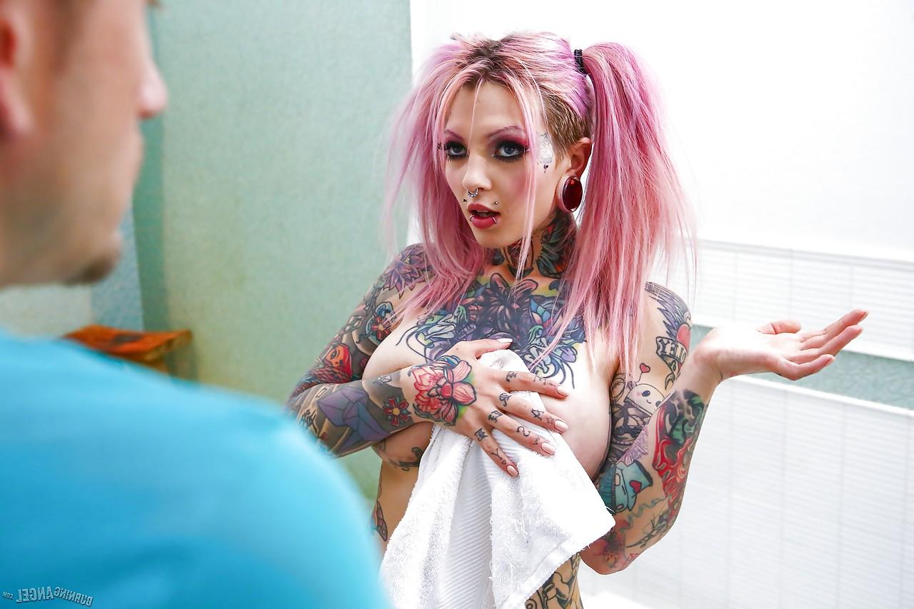 15P Busty tatooed Sydnee Vicious sucks cock, gives handjob & takes cum in mouth