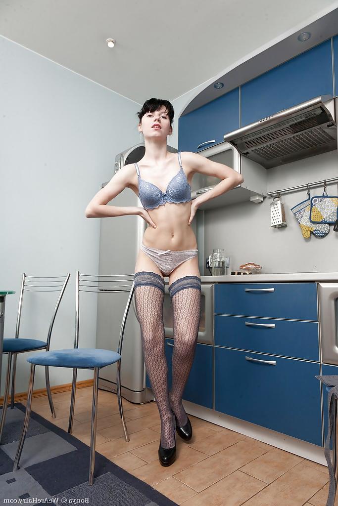 16P Stunning brunette babe on high heels Bonya stripping in the kitchen