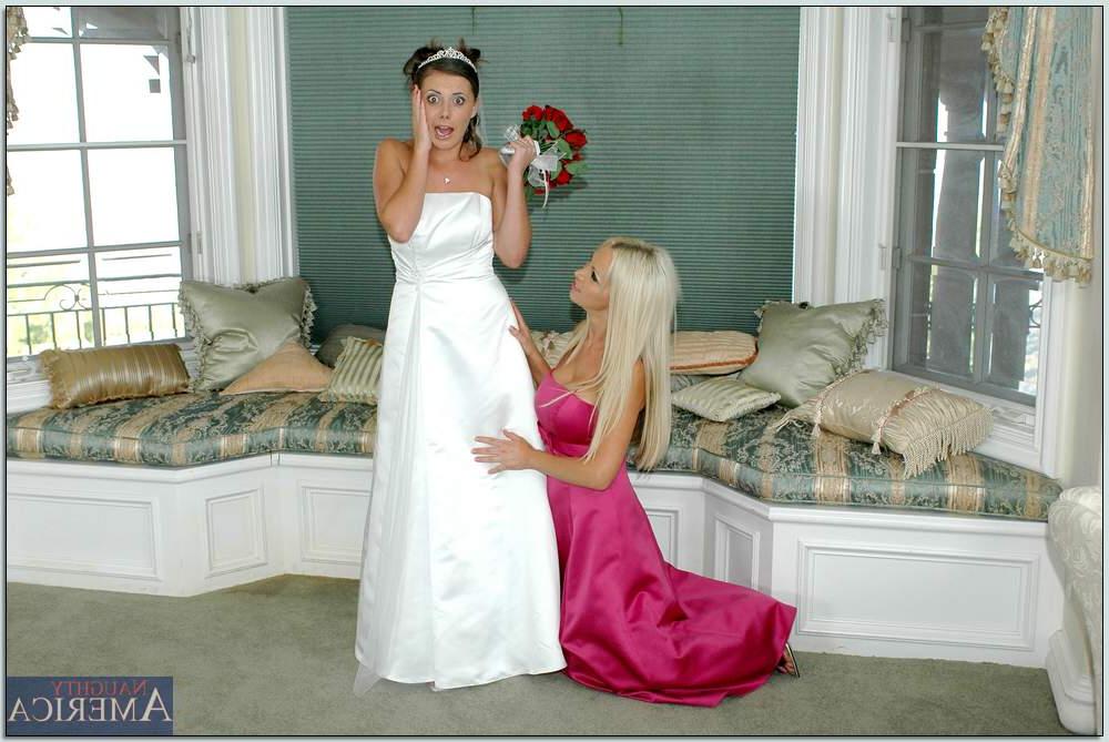 16P Busty blonde Nikki Benz helping Penny Flame to try on wedding dress