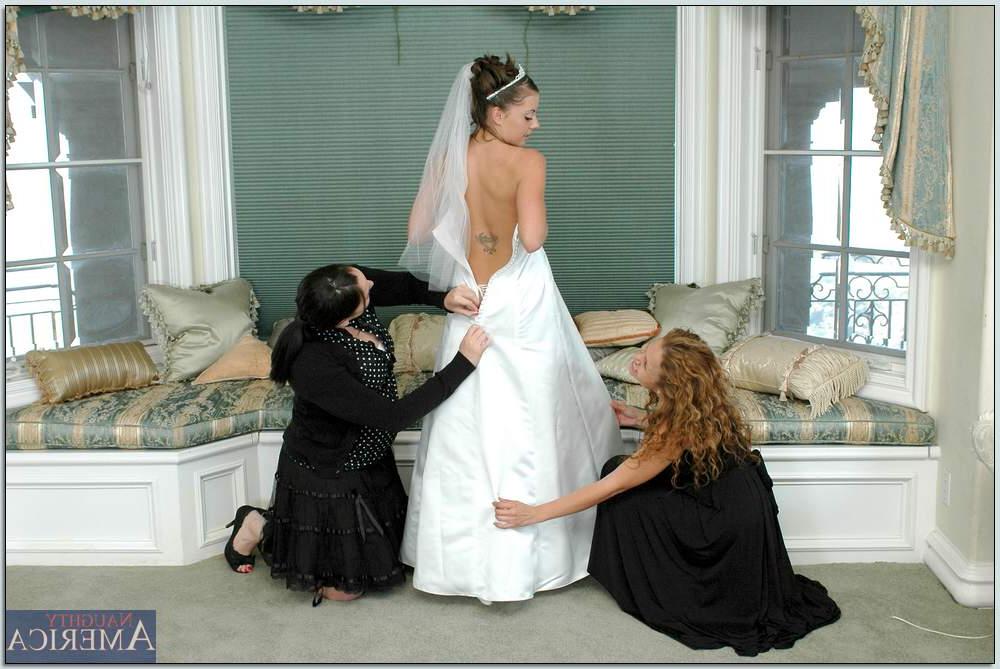 16P Busty blonde Nikki Benz helping Penny Flame to try on wedding dress