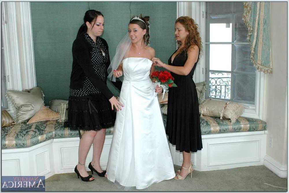 16P Busty blonde Nikki Benz helping Penny Flame to try on wedding dress