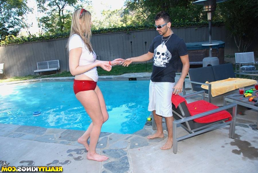 16P Voluptuous MILF Athena Pleasures gets her slit drilled near the pool
