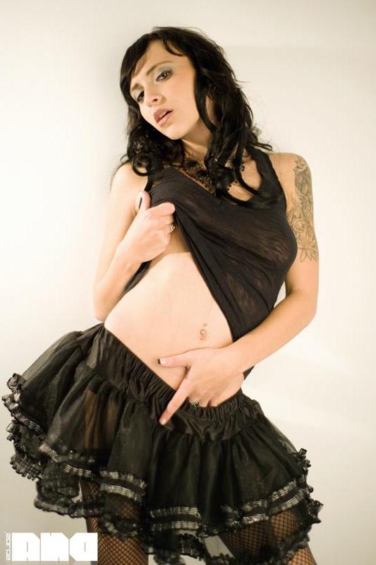 15P Brunette alt hottie Adora strips out of her sexy black dress