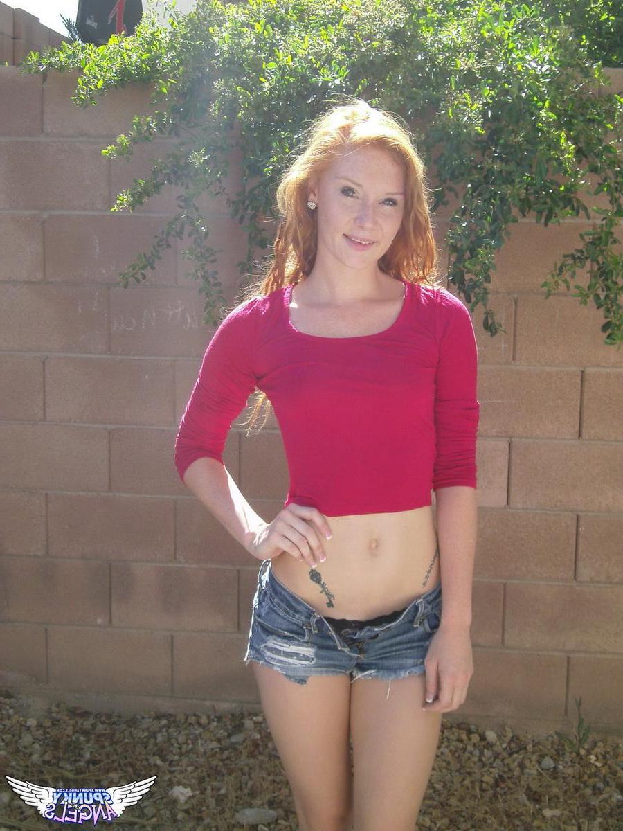 20P Redhead teen Alex Tanner flashes her hot tight body outside