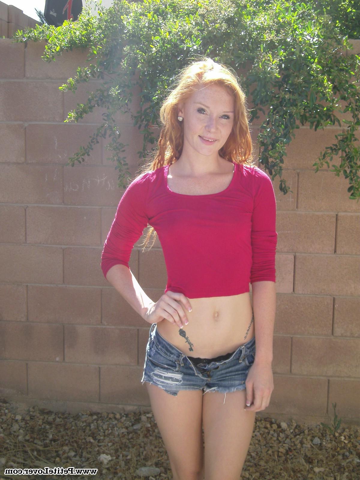 16P Redhead teen Alex Tanner flashes her tight body for you in the backyard