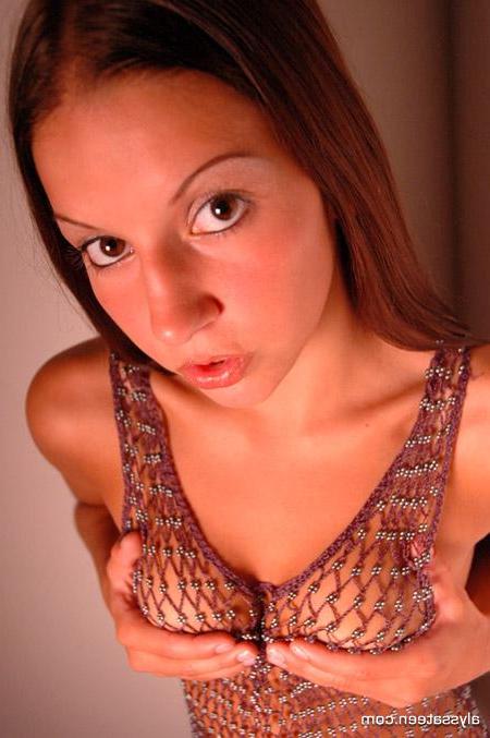 15P Pictures of Alyssa Teen teasing in a fishnet dress