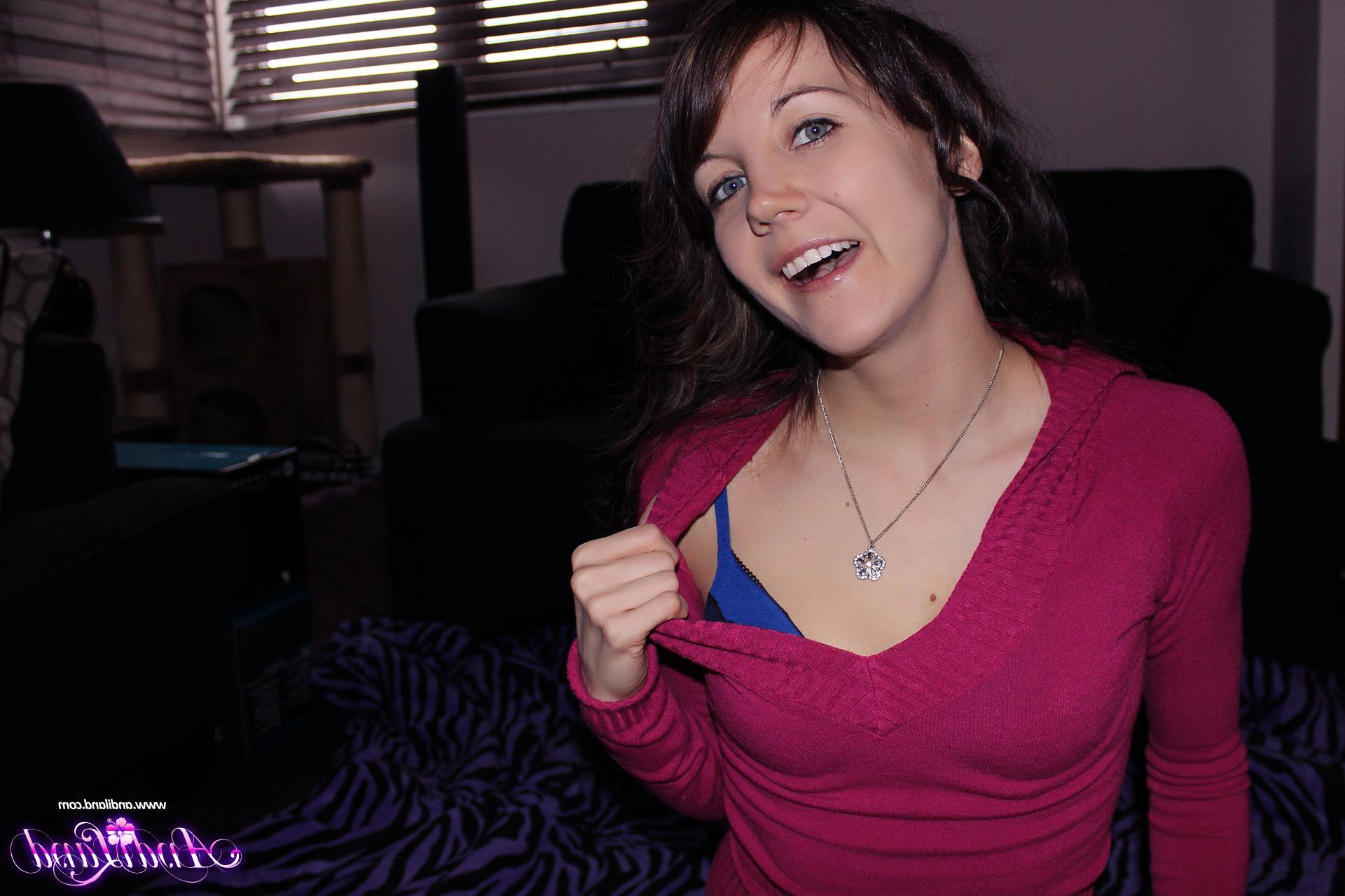 15P Brunette teen Andi Land masturbates in her blue lace panties and pink socks