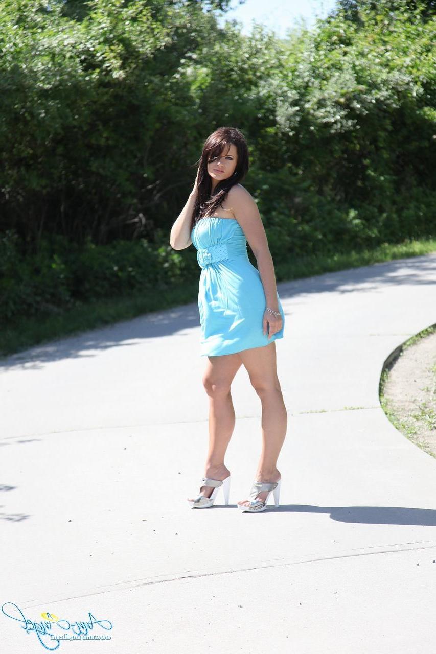 15P Ann Angel teases in a sexy blue dress outside