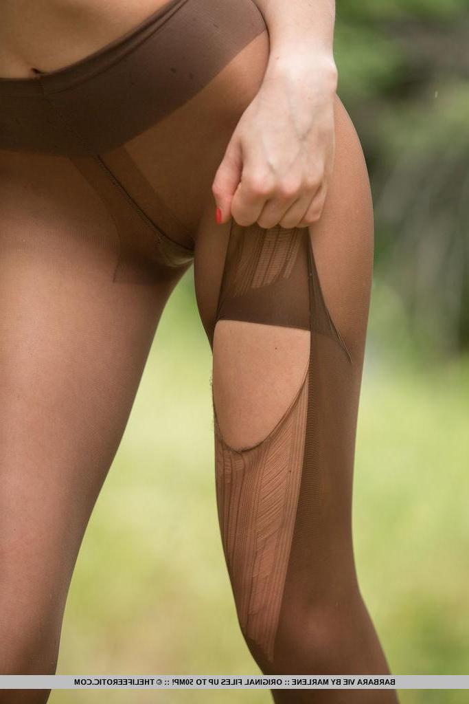 16P Brunette teen Barbara VIe flashes in her pantyhose in "Au Natural"