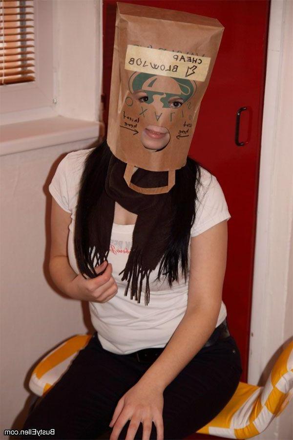 15P Pictures of teen nympho Busty Ellen sucking cock through a paper bag