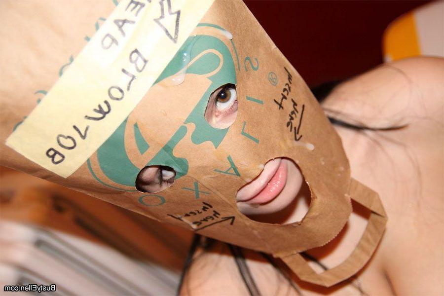 15P Pictures of teen nympho Busty Ellen sucking cock through a paper bag