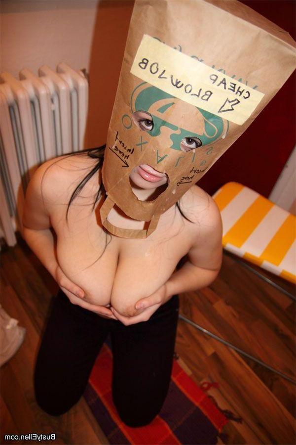 15P Pictures of teen nympho Busty Ellen sucking cock through a paper bag