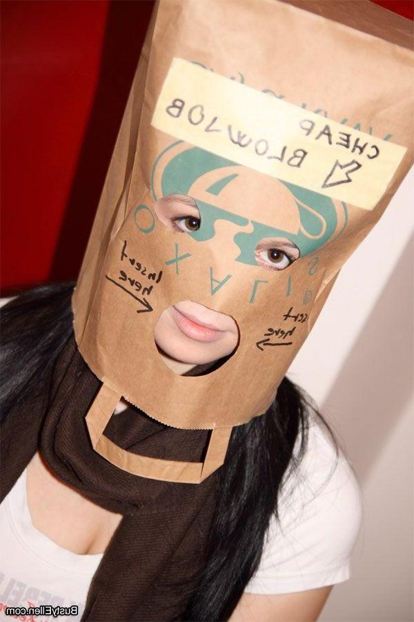 15P Pictures of teen nympho Busty Ellen sucking cock through a paper bag